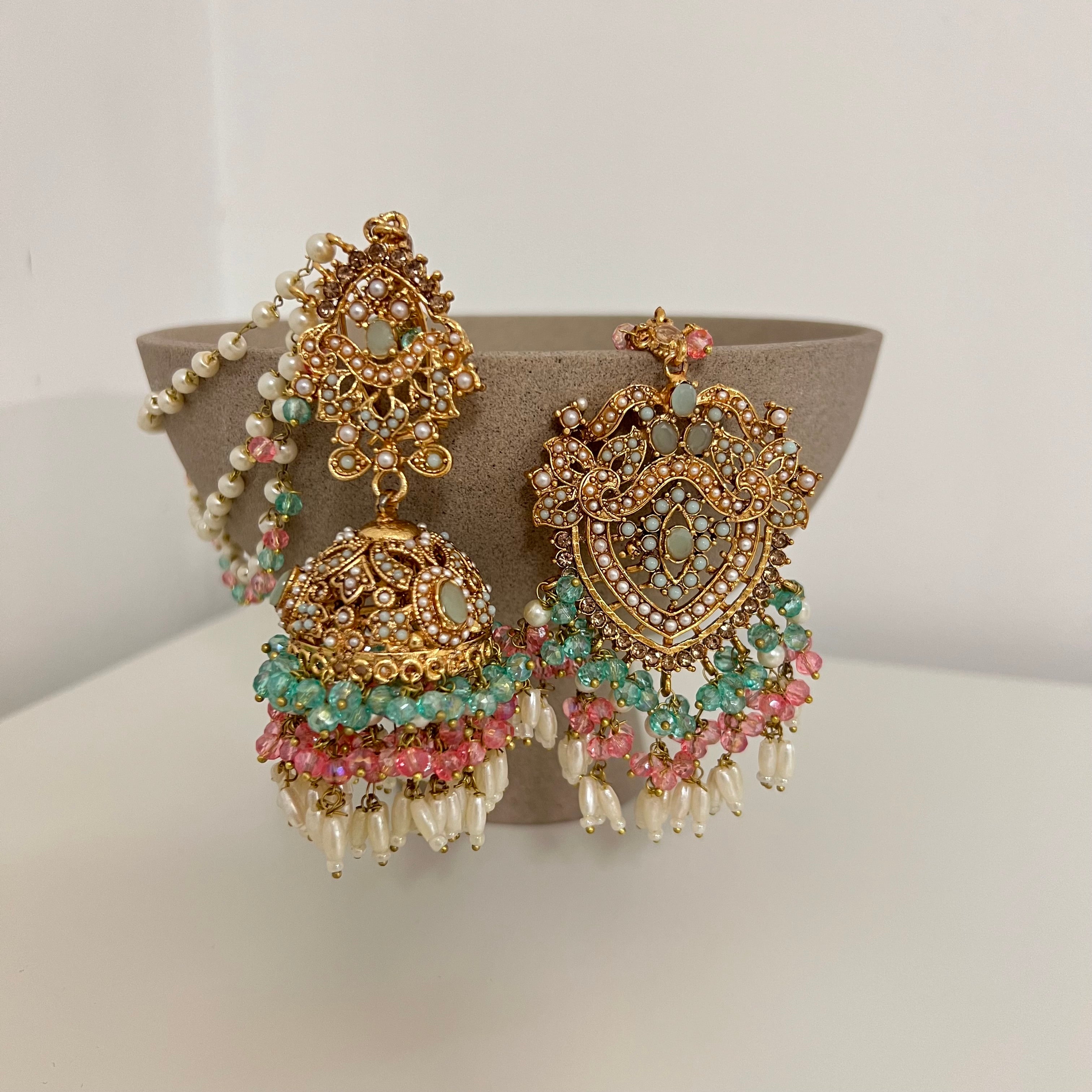 Zuni Earrings & Tikka Mint/Pink