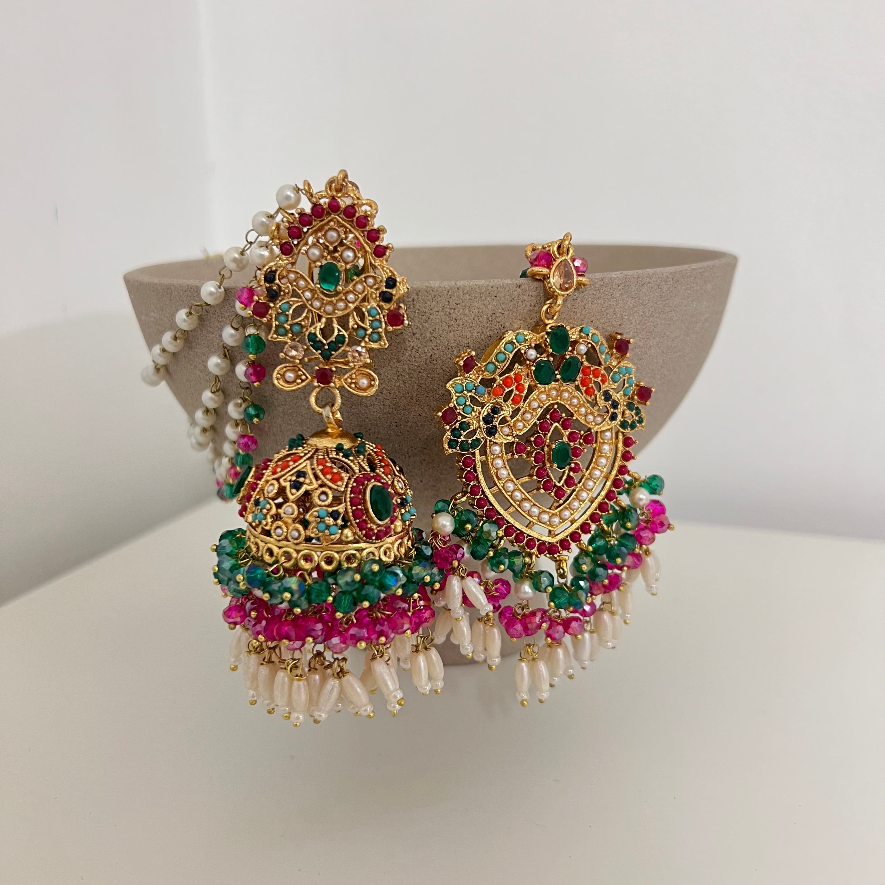 Zuni Earrings & Tikka Green/Pink