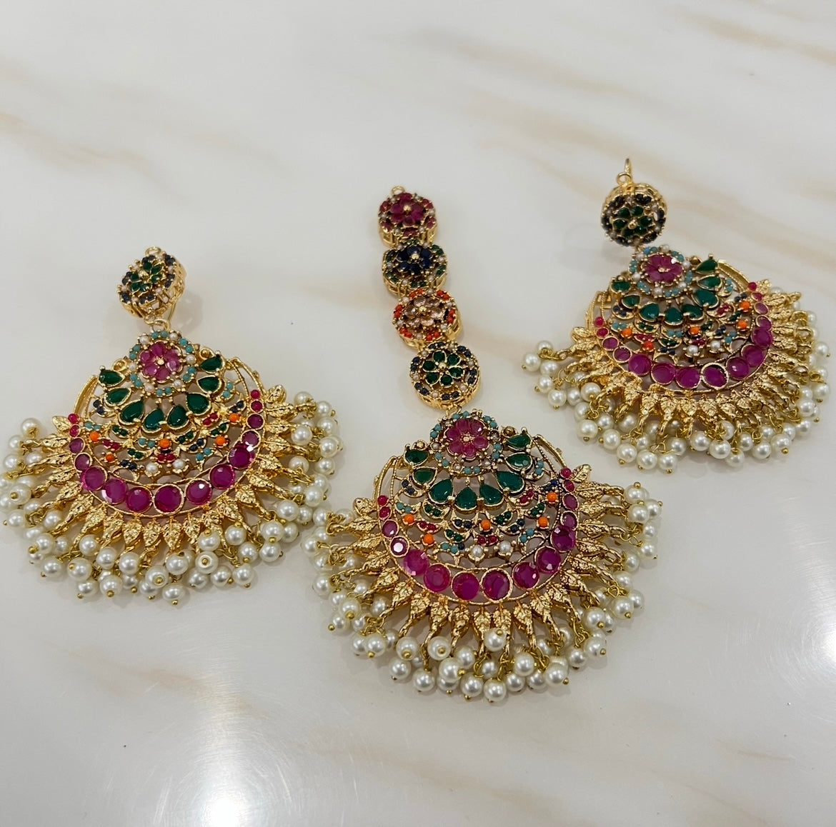 Dholak Earring Tikka Set Multicoloured