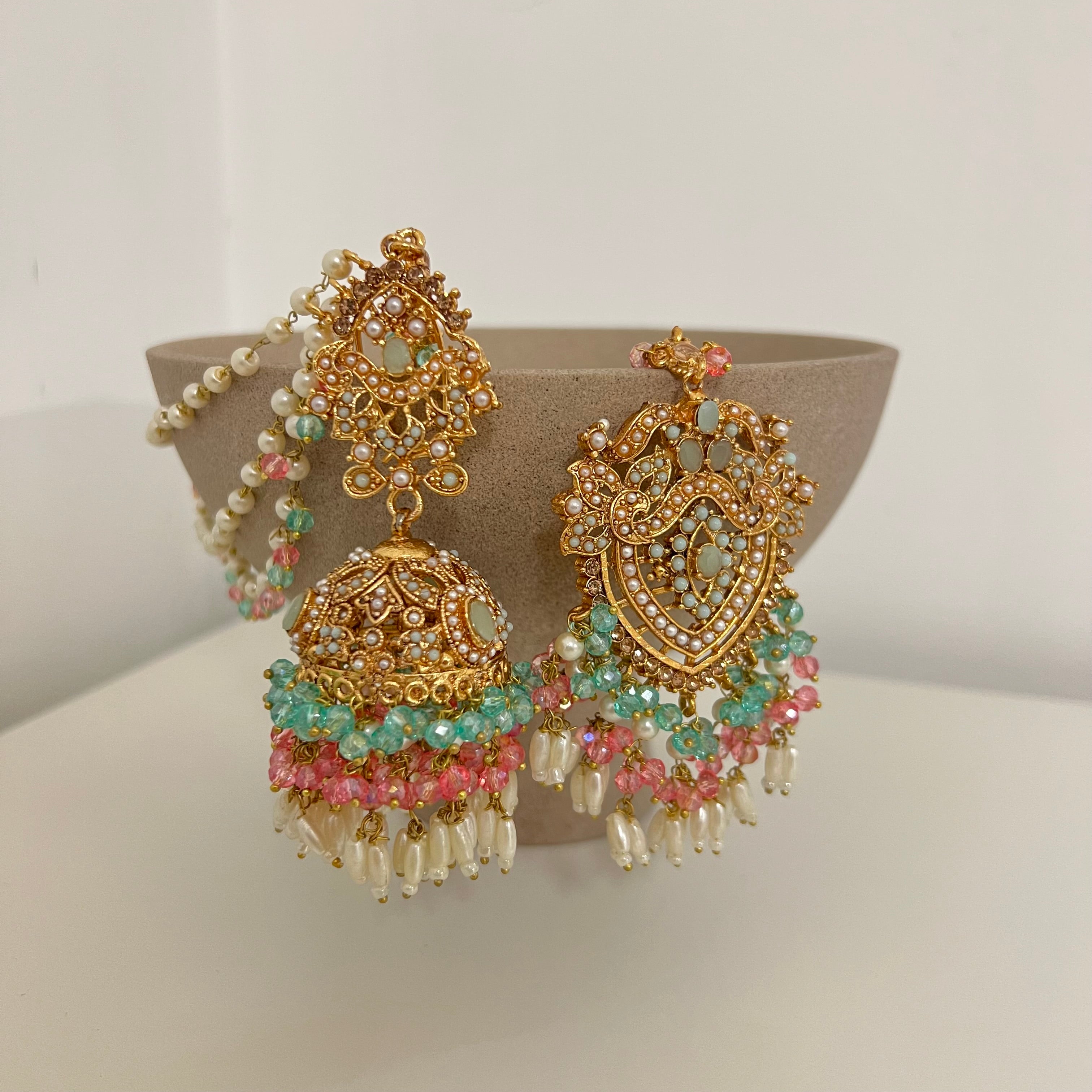 Zuni Earrings & Tikka Mint/Pink
