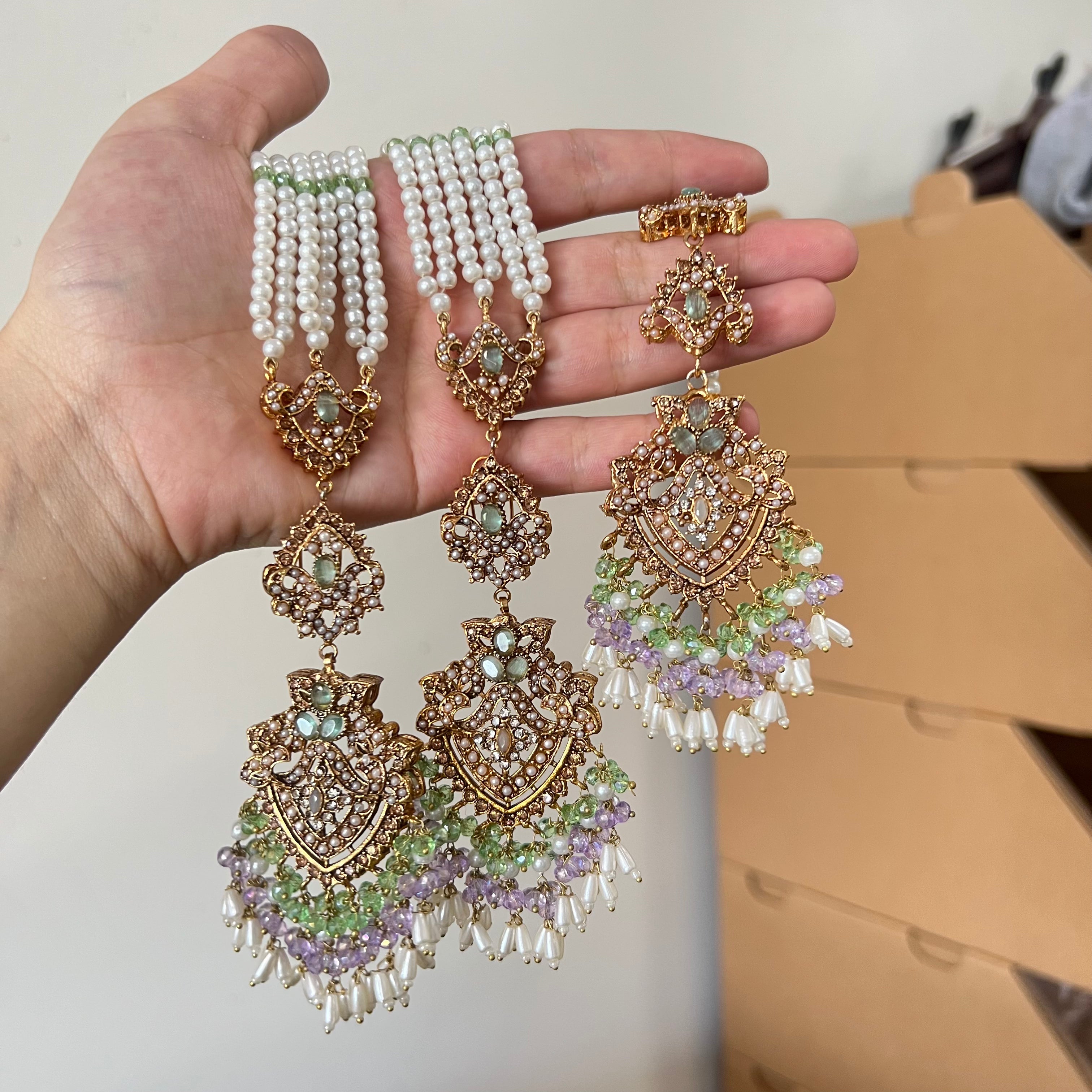 Sureya Earrings & Tikka Mint/Purple