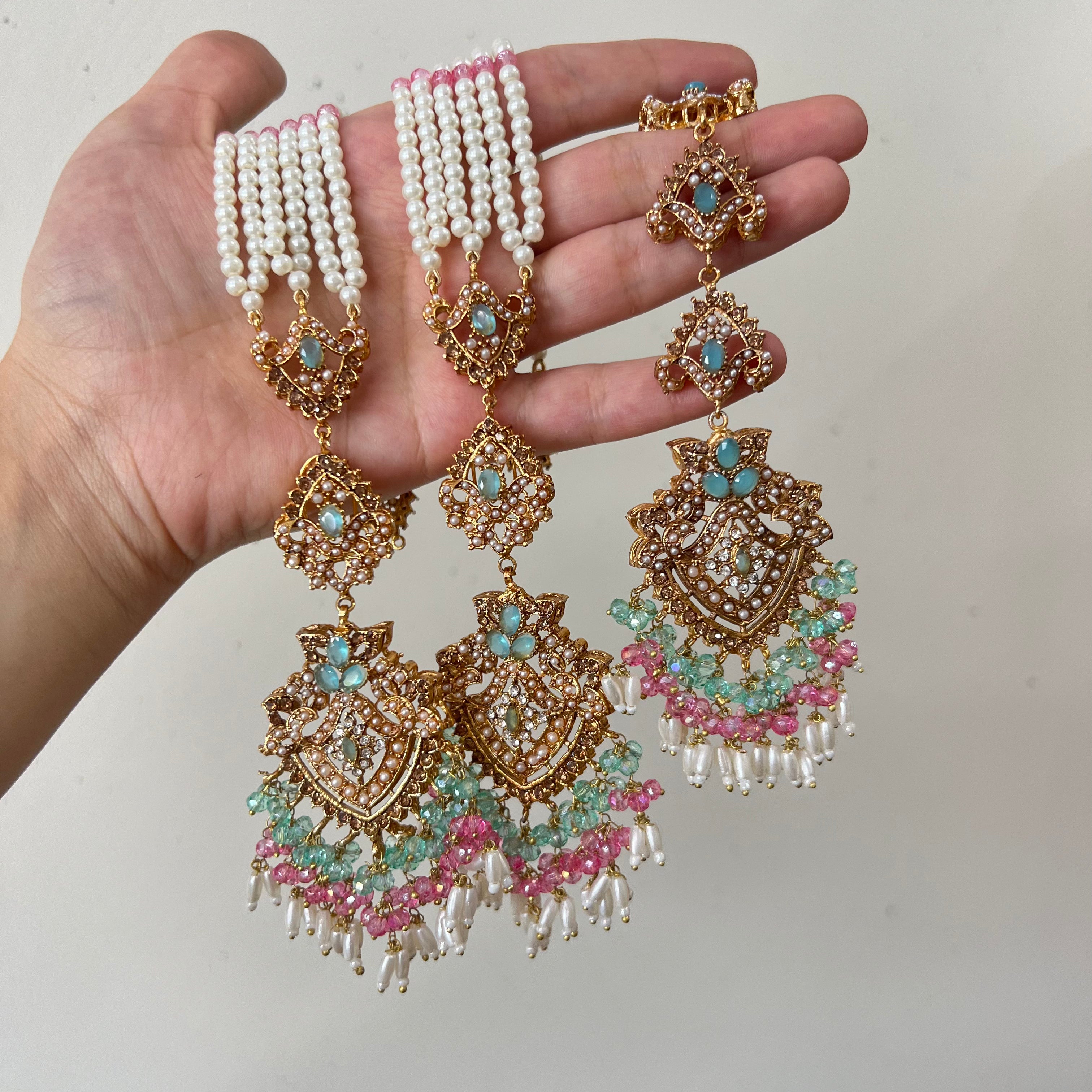 Sureya Earrings & Tikka Mint\Pink