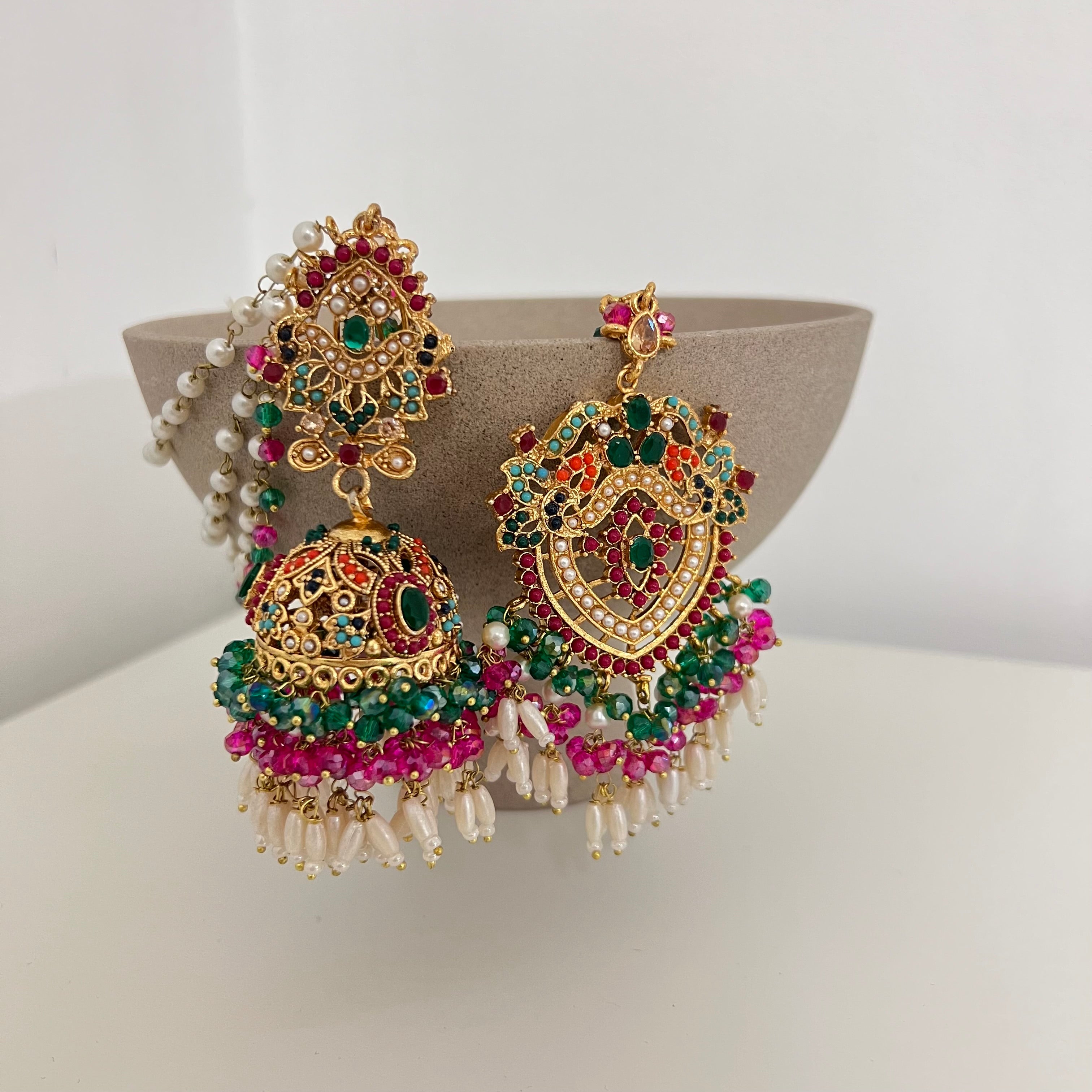 Zuni Earrings & Tikka Green/Pink