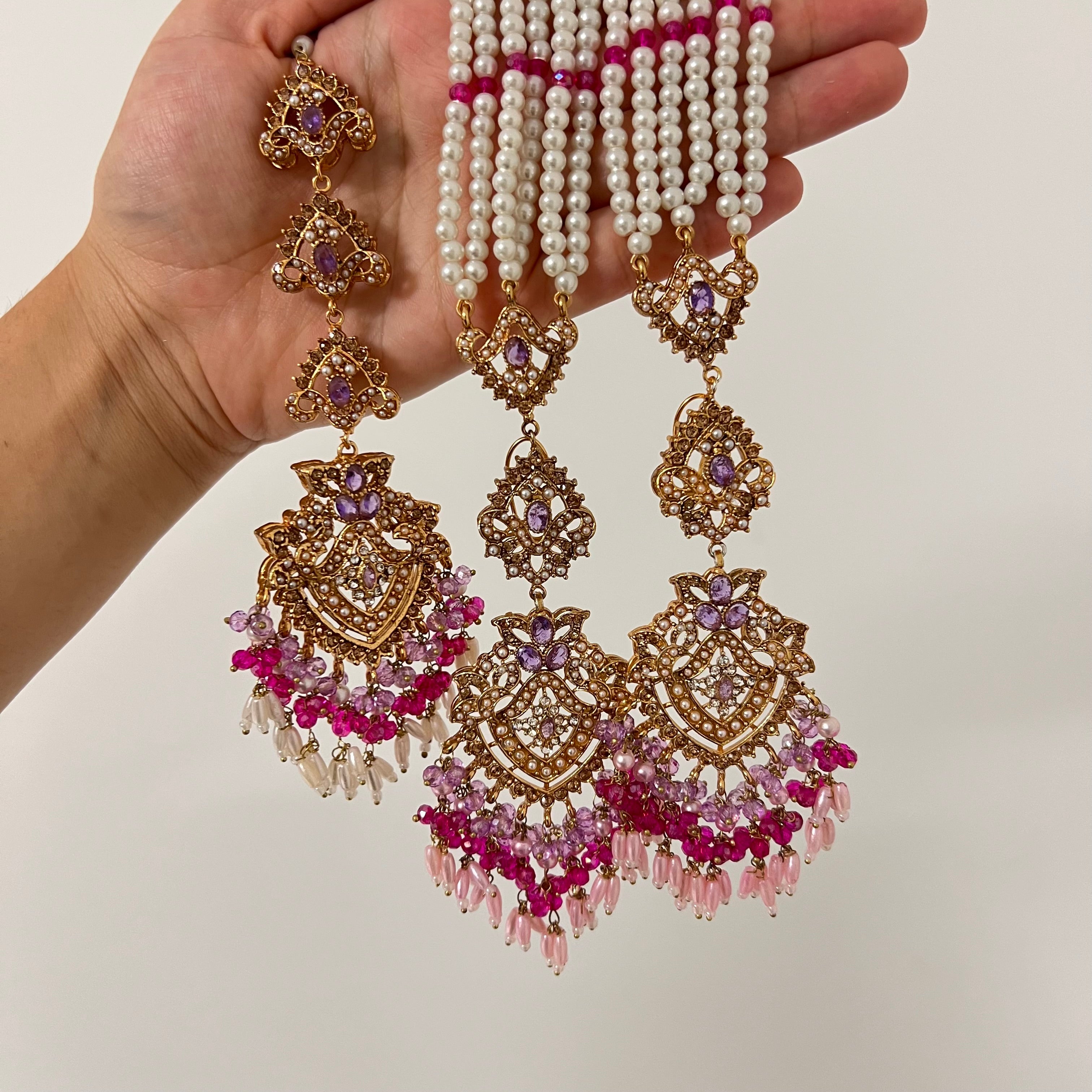 Sureya Earrings & Tikka Pink/Purple