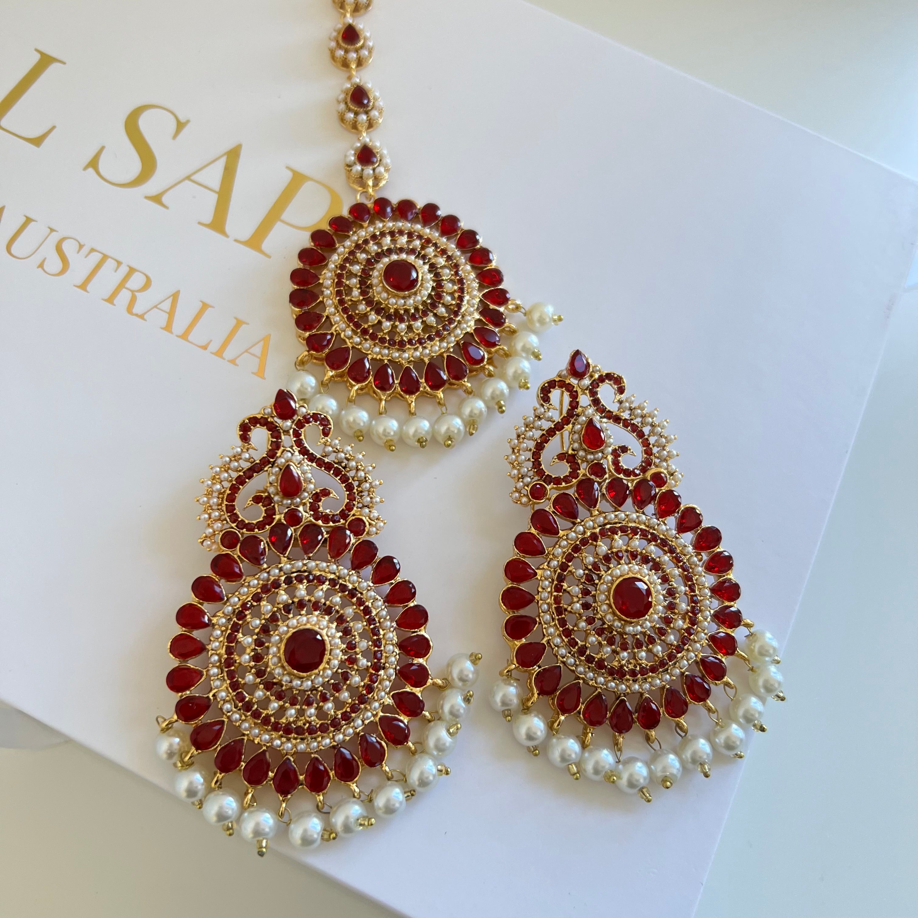 Lyba Earrings & Tikka Red