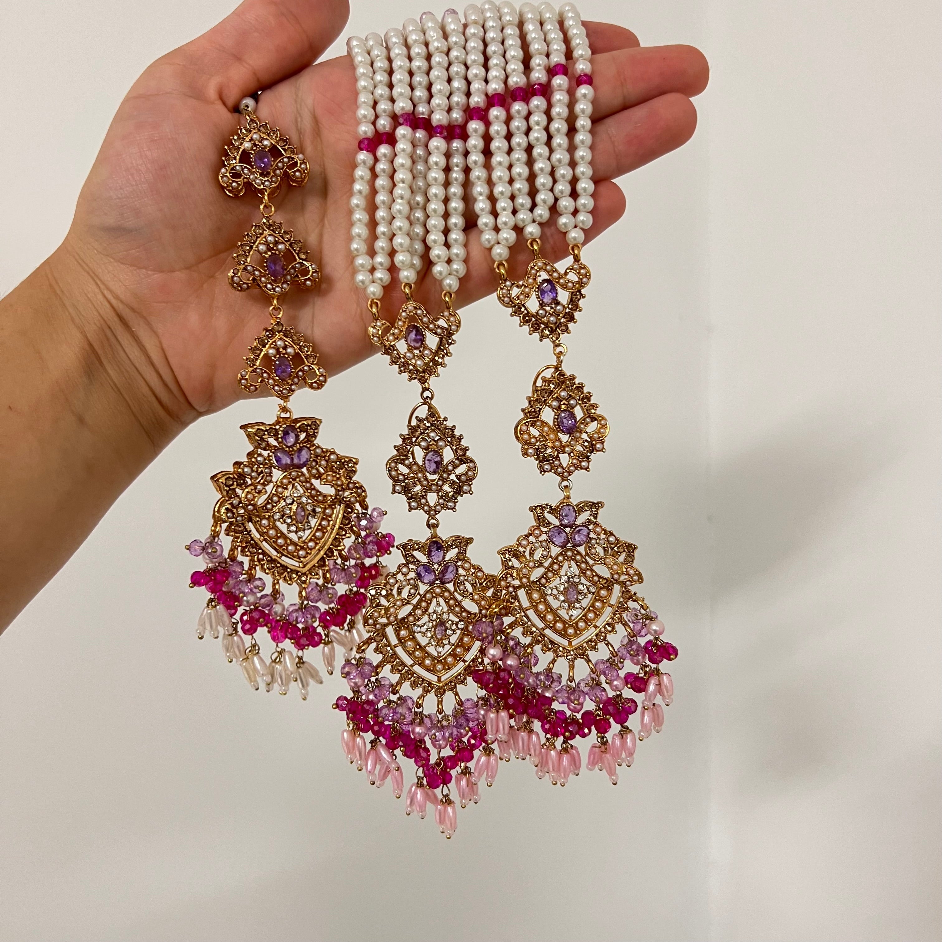 Sureya Earrings & Tikka Pink/Purple