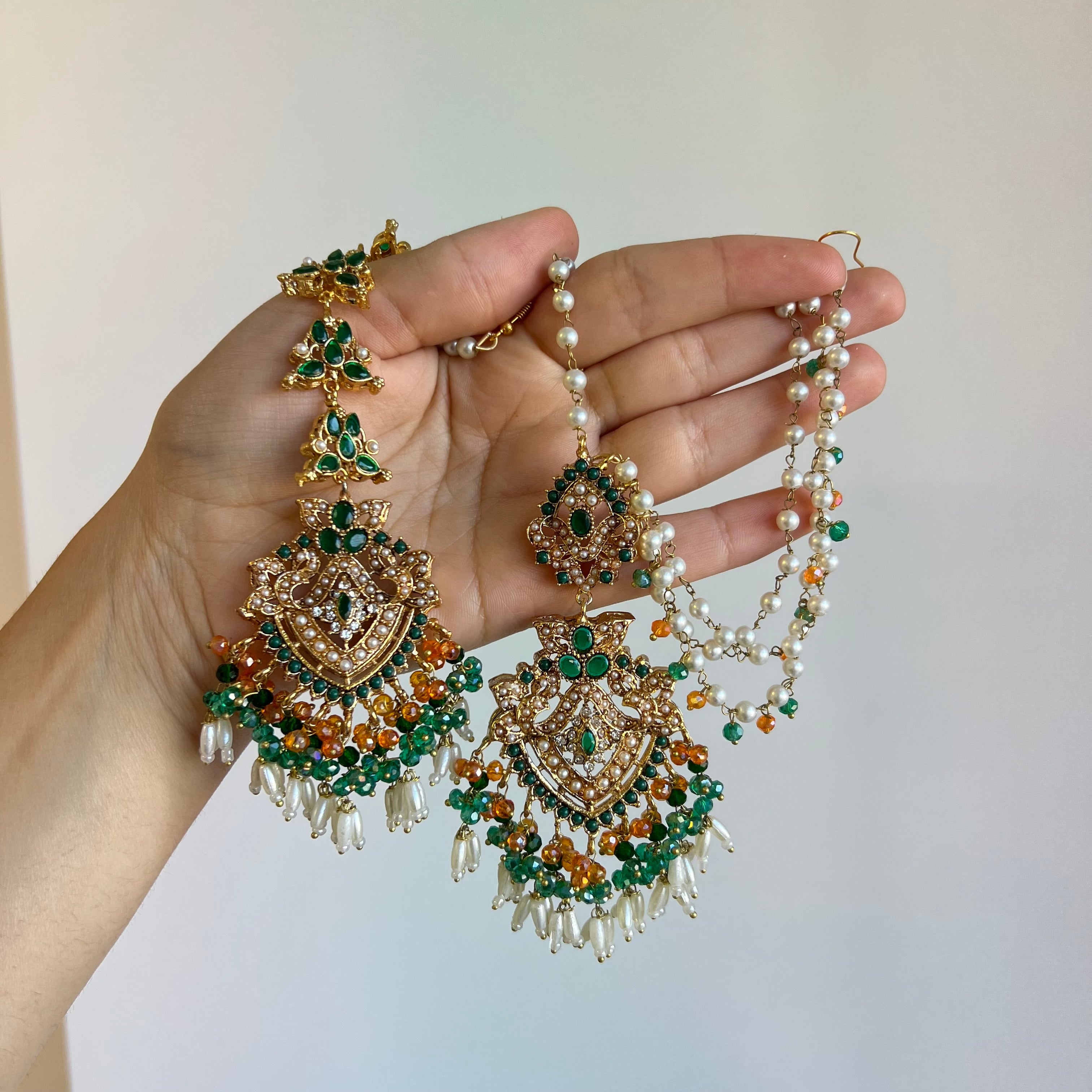 Sarah Earrings & Tikka Green/Orange