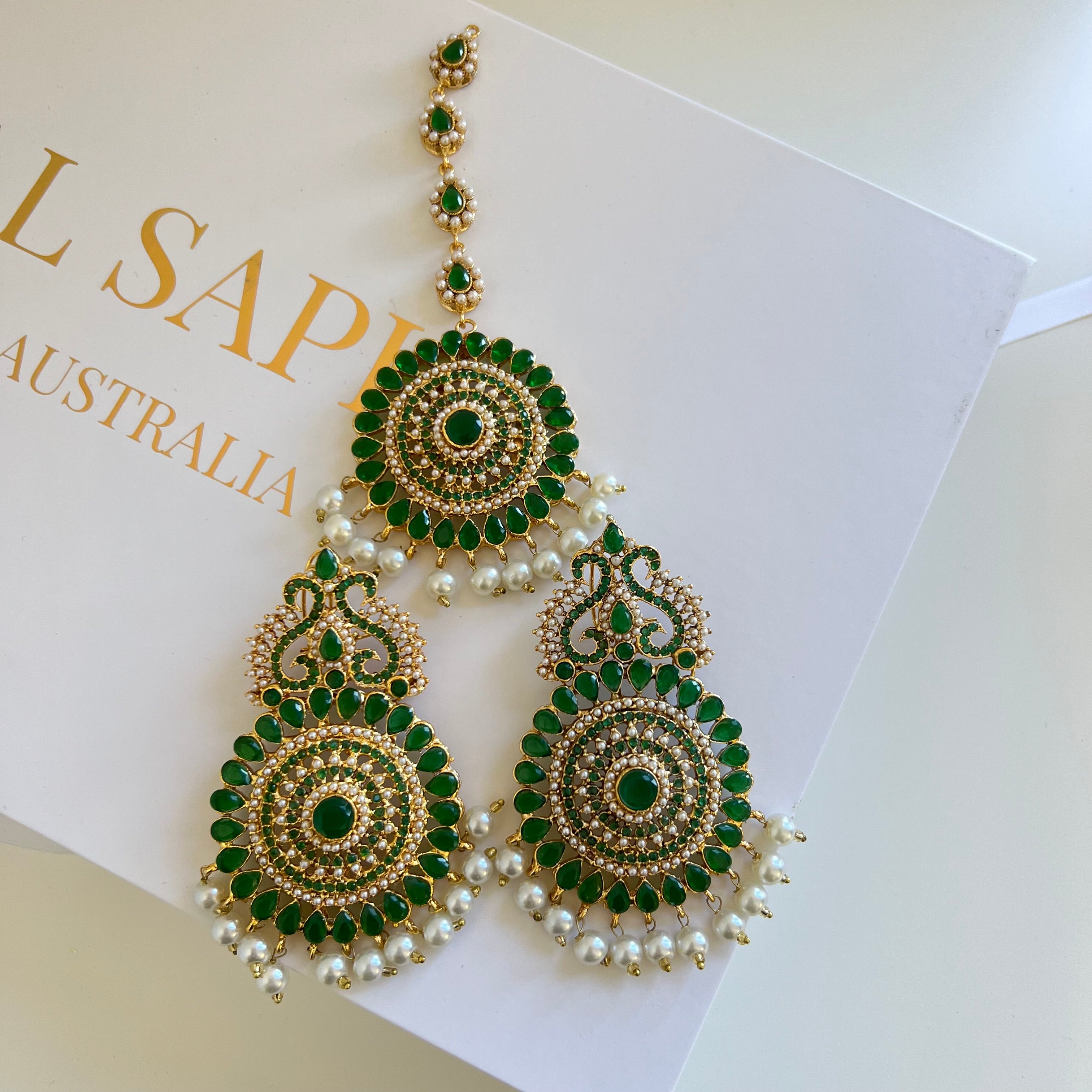 Lyba Earrings & Tikka Green