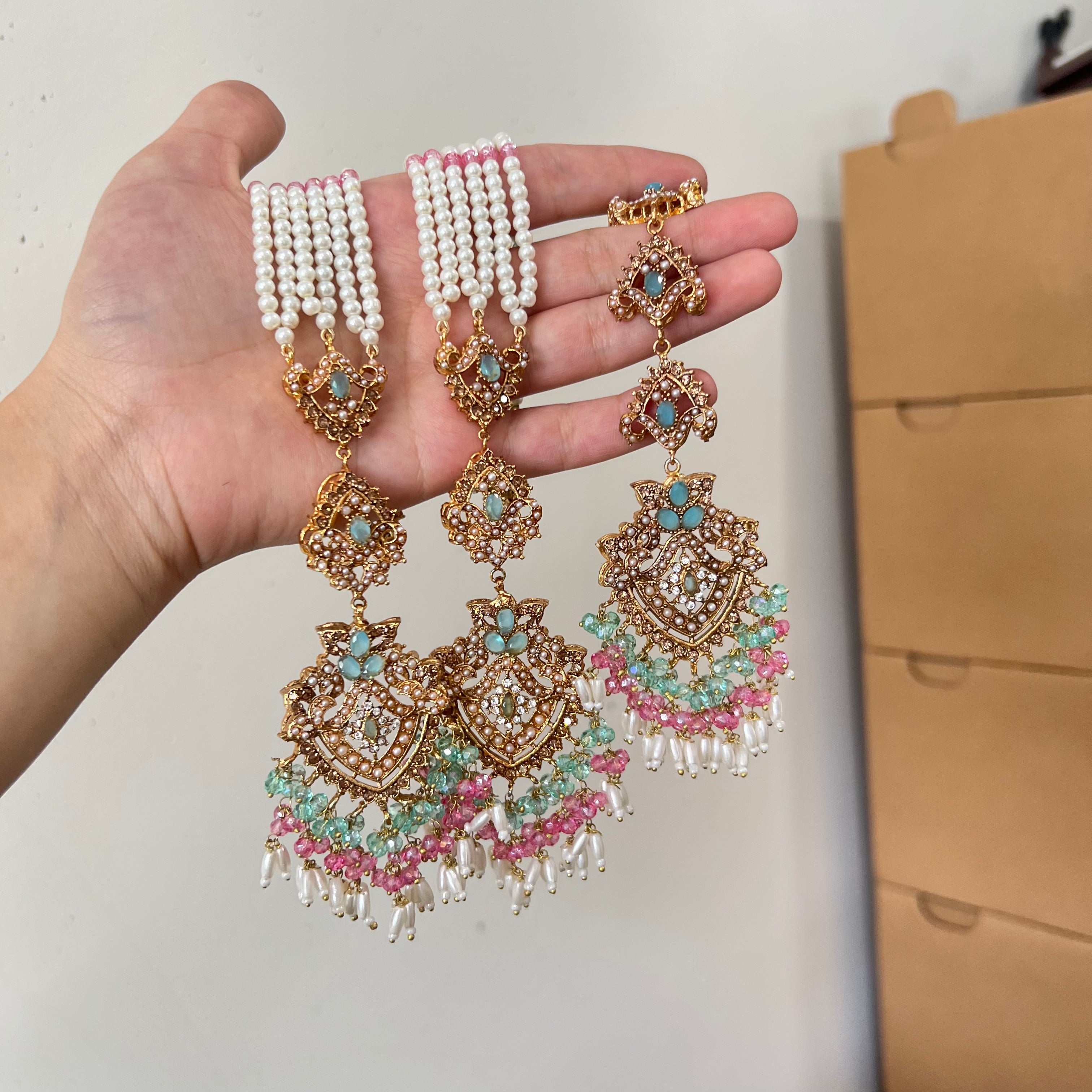 Sureya Earrings & Tikka Mint\Pink