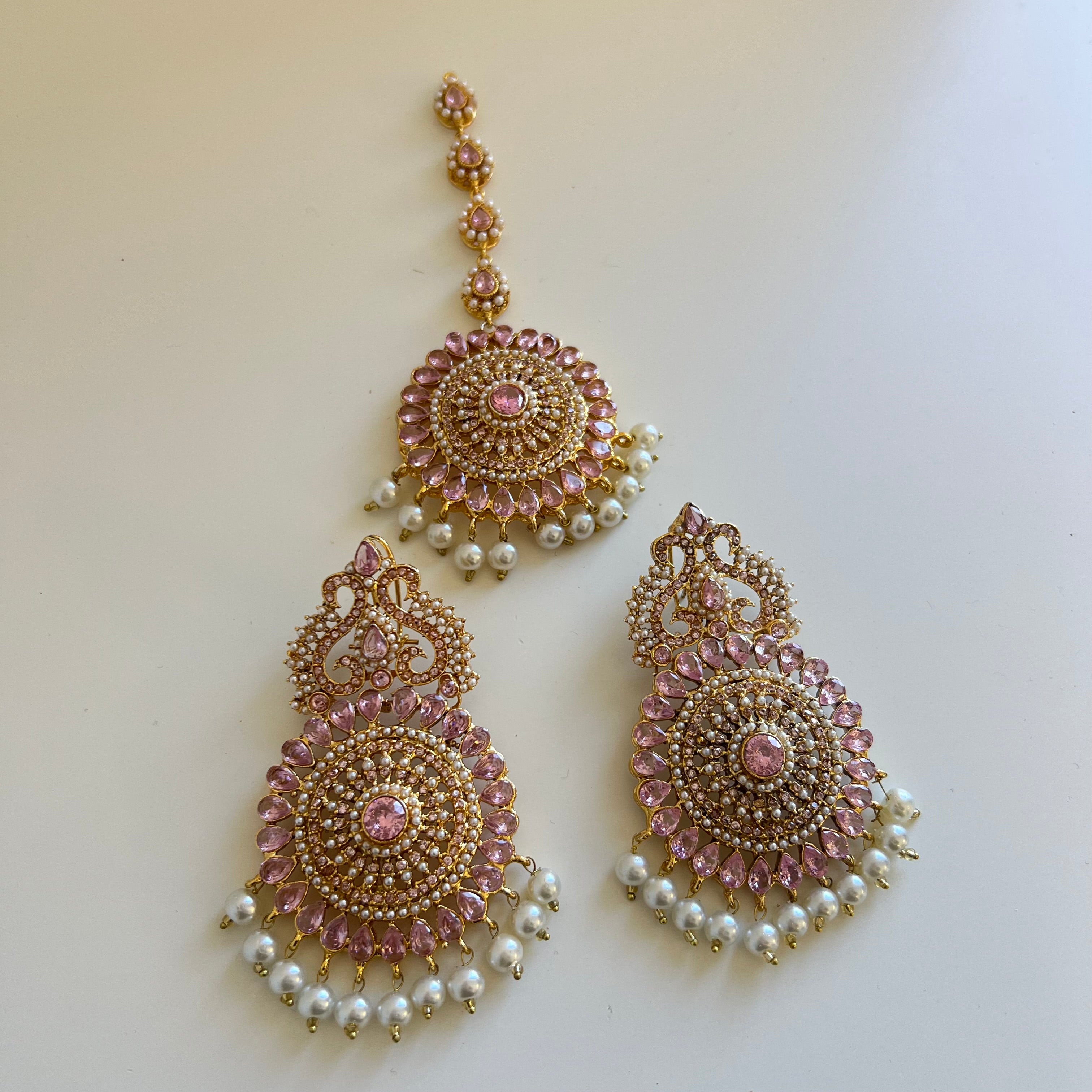 Lyba Earrings & Tikka Pink