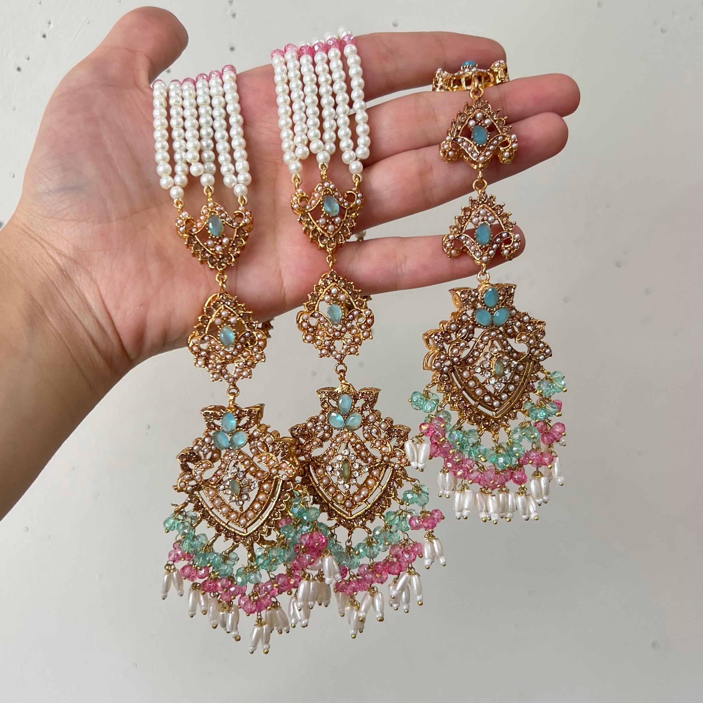 Sureya Earrings & Tikka Mint\Pink