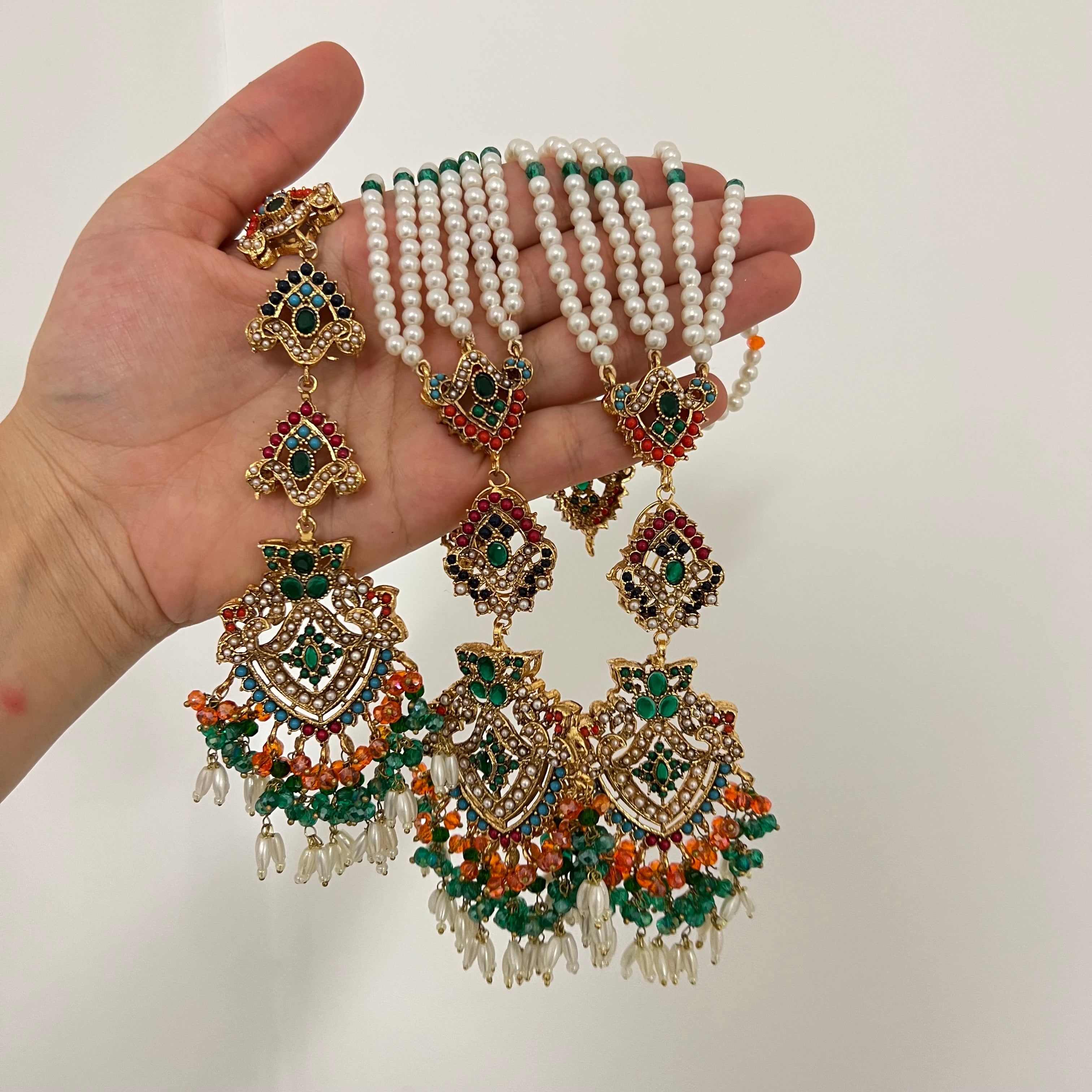 Sureya Earrings & Tikka Green/Orange