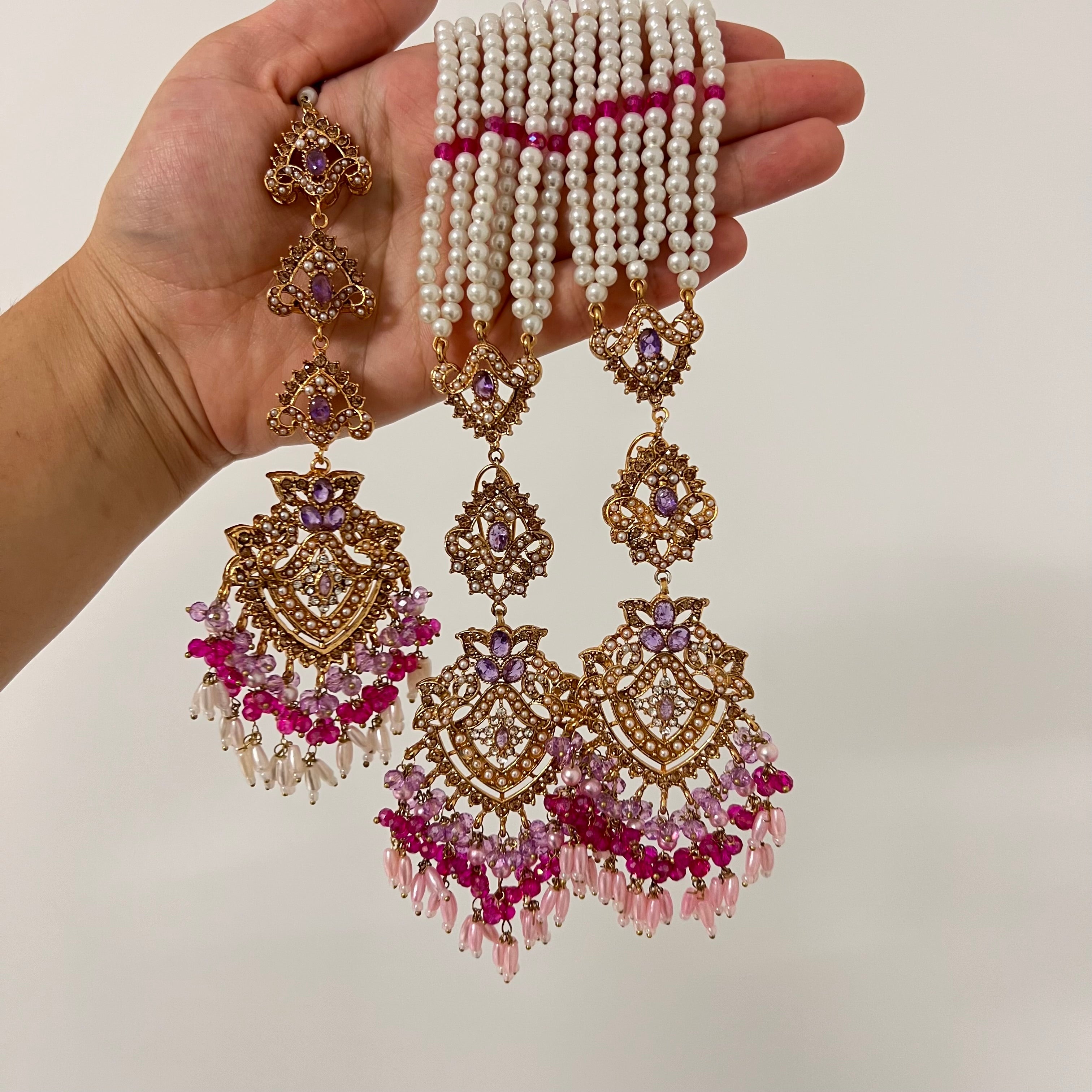 Sureya Earrings & Tikka Pink/Purple