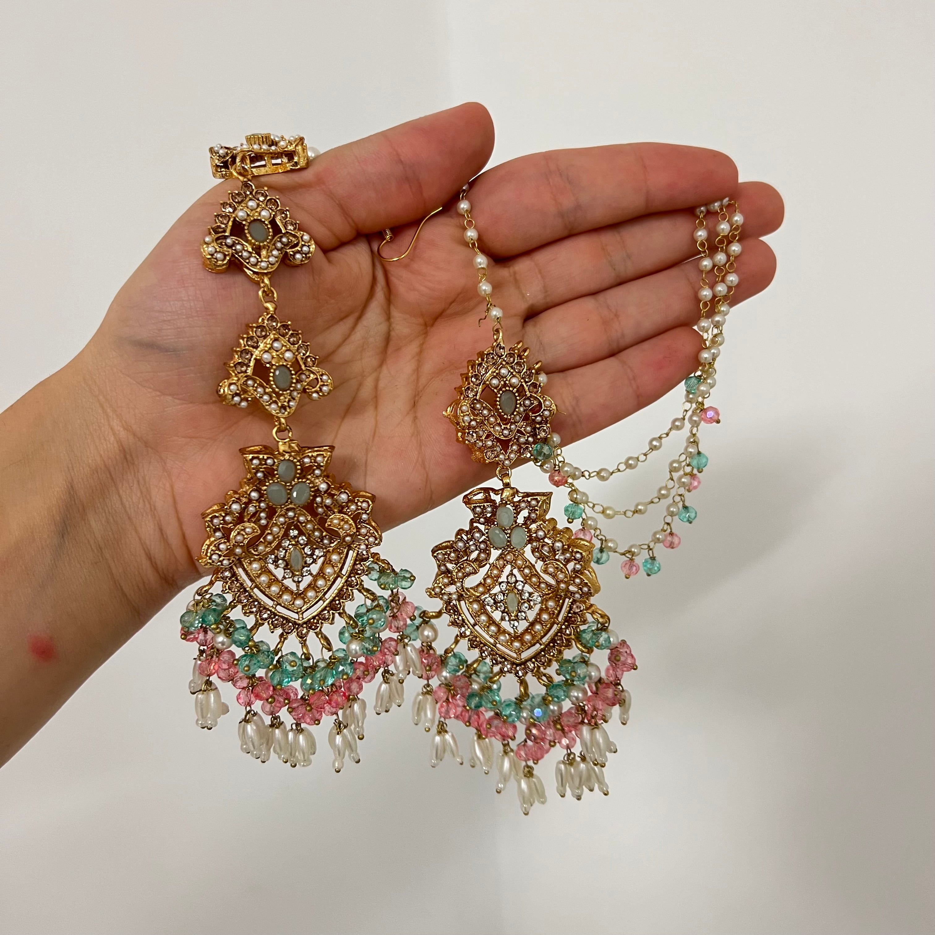 Sarah Earrings & Tikka Mint/Pink