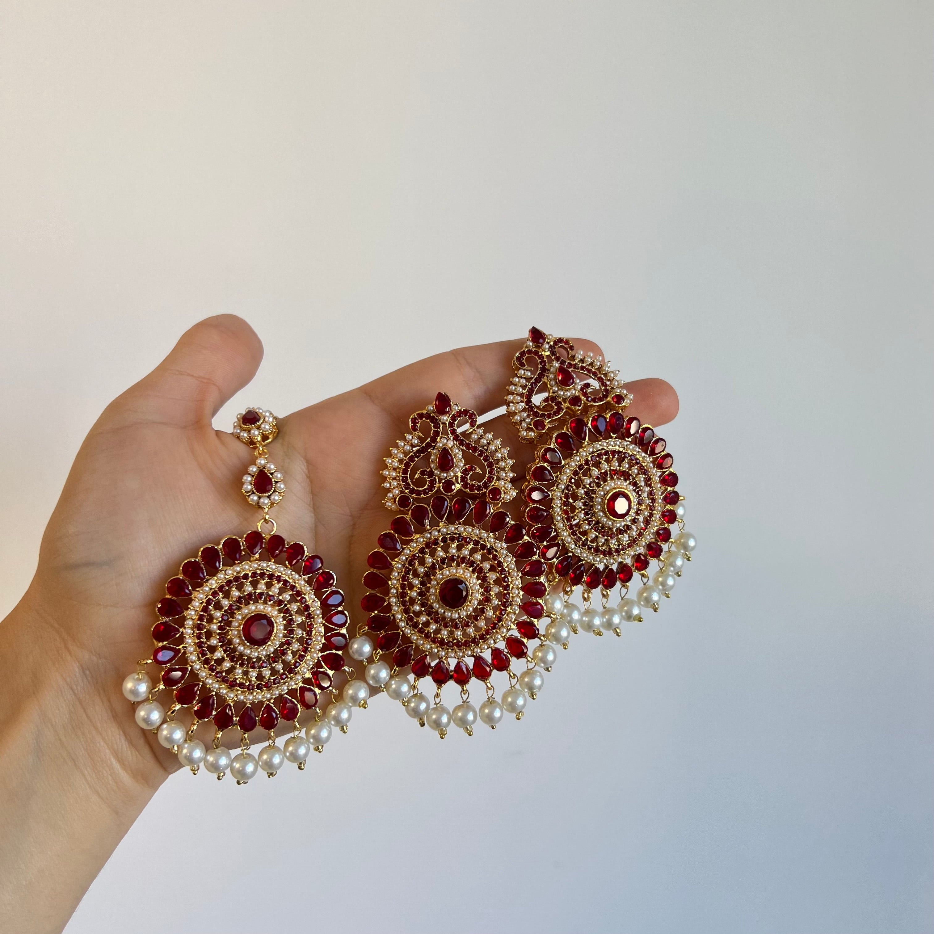 Lyba Earrings & Tikka Red