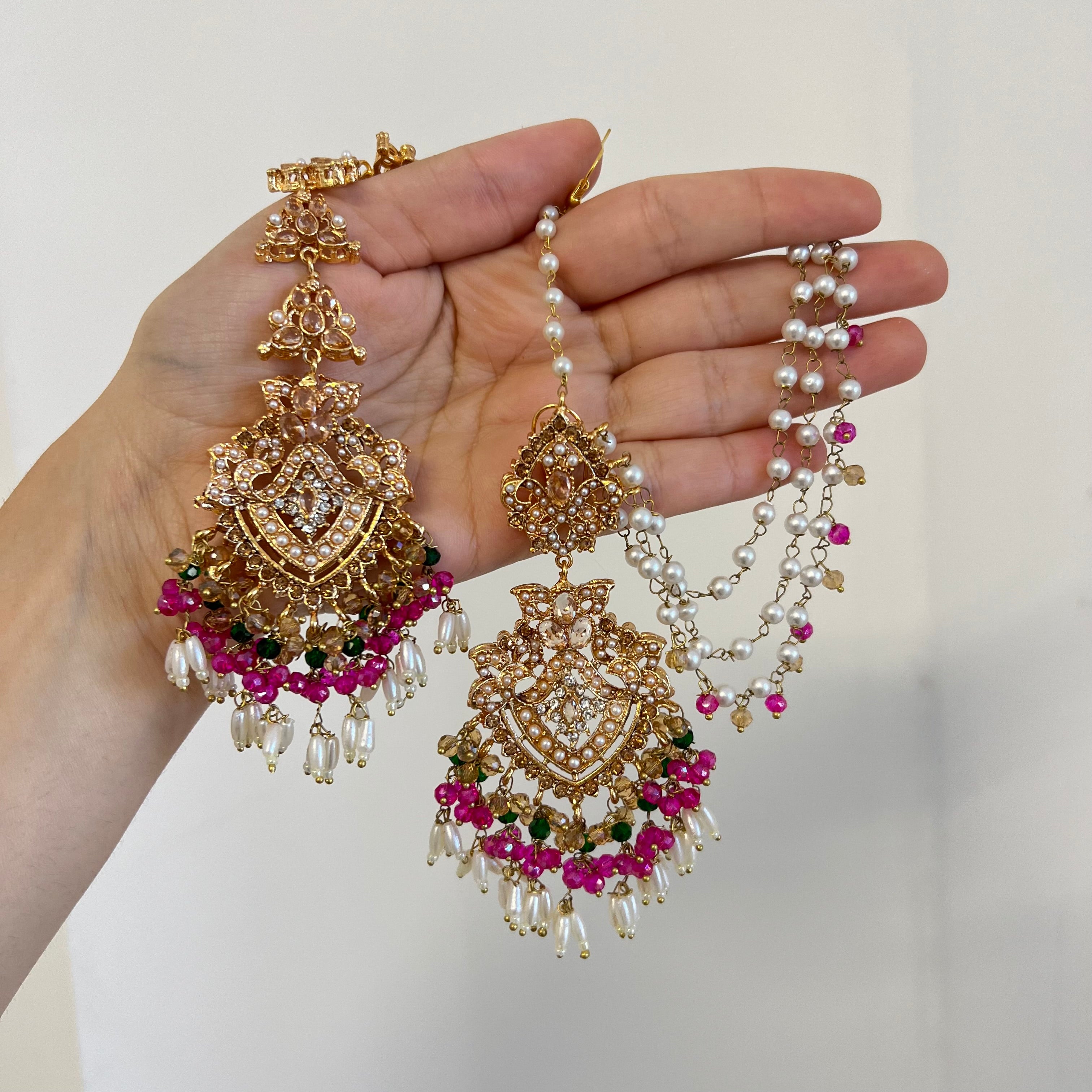 Sarah Earrings & Tikka Gold/Pink