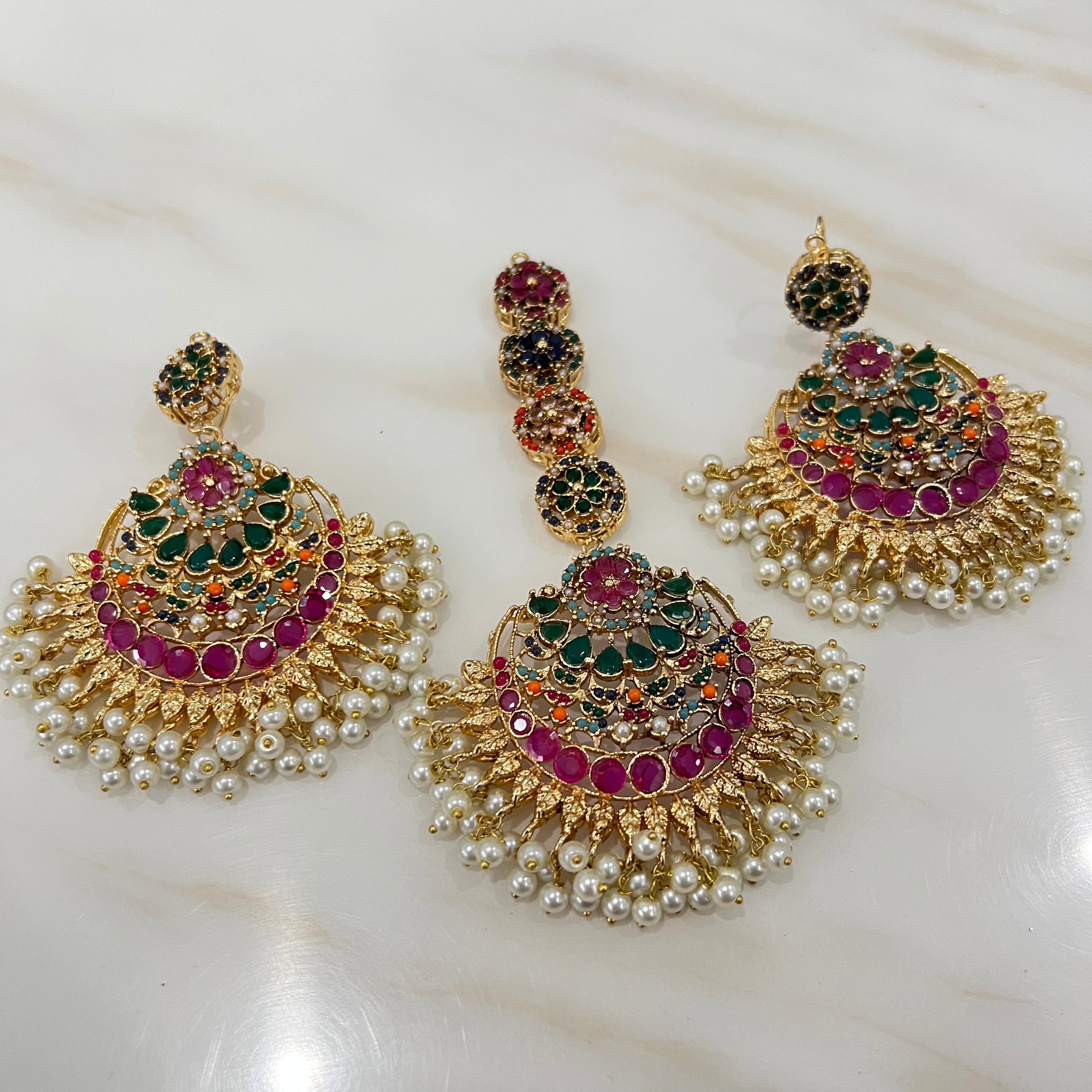 Dholak Earring Tikka Set Multicoloured